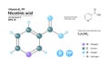 Structural chemical molecular formula and model of nicotinic acid. Atoms are represented as spheres with color coding