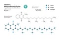 Structural chemical molecular formula and model of Phytomenadione. Atoms are represented as spheres with color coding