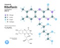 Structural chemical molecular formula and model of riboflavin. Atoms are represented as spheres with color coding Royalty Free Stock Photo