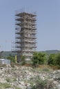 structural scaffolding on bell tower after earhquake destruction, Amatrice, Italy