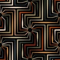 Geometric pattern with a maze design of multicolored striped square spirals on a black background. Retro style.