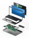 Structure of laptop computer showing spare parts. 3D illustration