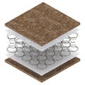 Structure of a multi-layer orthopedic mattress. 3D rendering.