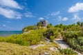 Structure 45, offertories on the hill near the beach, Mayan Ruins in Tulum, Riviera Maya, Yucatan, Caribbean Sea, Mexico Royalty Free Stock Photo