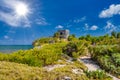 Structure 45, offertories on the hill near the beach, Mayan Ruins in Tulum, Riviera Maya, Yucatan, Caribbean Sea, Mexico Royalty Free Stock Photo