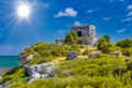 Structure 45, offertories on the hill near the beach, Mayan Ruins in Tulum, Riviera Maya, Yucatan, Caribbean Sea, Mexico Royalty Free Stock Photo