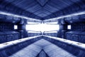 Structure of public building similar to futuristic terminal of spaceship station interior in blue light. modern inspiration of Royalty Free Stock Photo