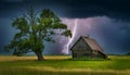 Wooden shack stands in a dramatic landscape with lightning storm behind