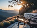 Wooden bench on the top of the mountain with sunset and beautiful view Royalty Free Stock Photo