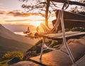 Wooden bench on the top of the mountain with sunset and beautiful view Royalty Free Stock Photo