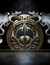 A fictive floral elements golden decorative circular shape gate featuring two silver winged dragons facing eachother Royalty Free Stock Photo