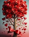 Structure Reference ImageA whimsical tree adorned with red roses and hearts, tied with a large red bow, evoking a sense Royalty Free Stock Photo
