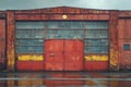 Weathered industrial garage with vibrant red doors and stained exterior in an urban setting Royalty Free Stock Photo