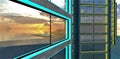 Panoramic window of the contemporary apartment building. Glowing turquoise frame. Reflection of the sunset sky. 3d rendering Royalty Free Stock Photo