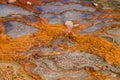 Structure of surface around orange mineral pool of natural water spring in Damia, Morocco, Africa