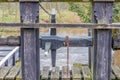 Structure to open the floodgates on the weir next to the Leumolen or Sint-Ursulamolen watermill on the Leubeek river Royalty Free Stock Photo