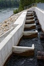 Fish ladder construction at river, vertical slot fish passage