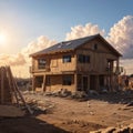 The structure of wood framing at construction site against a vast cloudy sky with bright sun behind. New build home at