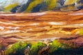 Structure of wooden log covered with moss on the riverside, closeup painting detail.