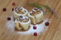 Strudel with apples and cranberries on wood background