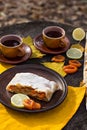 Strudel with apples, pumpkin, apricots, lemon. Royalty Free Stock Photo