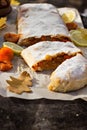 Strudel with apples, pumpkin, apricots, lemon. Royalty Free Stock Photo