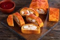 Strudel with meat, cheese, bell pepper Royalty Free Stock Photo