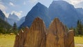 Strudelkopf - A miniature of Drei Zinnen with the view on the real mountains in the back in Italian Dolomites. Many high mountains Royalty Free Stock Photo