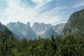 Strudelkopf - Panoramic view on the high Italian Dolomites peaks. There are dense pine trees in the front, distant mountain peaks Royalty Free Stock Photo