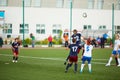 Struggle for ball during match between teams CSP Izmailovo and Mordovochka