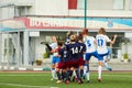 Struggle for ball on soccer field during match