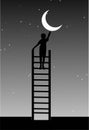 Struggle image of hardworking boy who take a ladder of success to reach at moon.