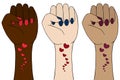 The struggle for rights and justice. Set of vector illustrations. Fists on an isolated background. Feminine hands. Sign.