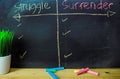 Struggle or Surrender written with color chalk concept on the blackboard