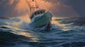 Struggling Bass Boat In Rough Seas Painting