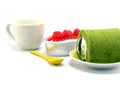 Strwberry cheesecake and green tea roll cake on white background Royalty Free Stock Photo