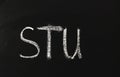 STU alphabet letters written in white chalk on a black chalkboard