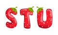 STU Ripe Fresh Strawberry Alphabet Letters, Tasty Bright Jelly Red Berry Font Cartoon Vector Illustration