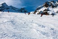 Stubai, Austria - November 1, 2011: Skiers riding on the slopes of the Stubaier Gletscher, Alps ski resort in Austria