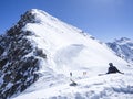 Stubai Glacier, AUSTRIA, May 2, 2019: Snowboarder sitting and relaxing at the top of Schaufelspitze mountain at Stubai