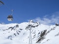 Stubai Glacier, AUSTRIA, May 2, 2019: white cable car ski lift cabin going on the top of Schaufelspitze mountain at
