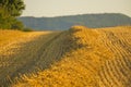 Stubble field with straw and panoramic view to the German highland Royalty Free Stock Photo