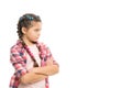 Stubborn child. Disagreement and stubbornness. Girl serious face offended. Kid looks strictly. Girl folded arms on chest