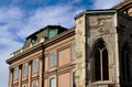 Stucco castle facade in the royal palace in bUdapest. stone tower artifact with gothic window Royalty Free Stock Photo