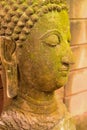 Stucco Face Buddha Goddess Sacred With green moss Royalty Free Stock Photo