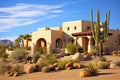 a stucco southwest-style home with a desert landscape