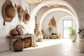 Stucco walls and arched ceiling in hallway. Interior design of rustic entrance hall with door in country house. Created with