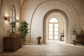 Stucco walls and arched ceiling in hallway. Interior design of rustic entrance hall with door in country house