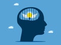 Stuck in ideas or blocking creativity. The light bulb in the human head prison Royalty Free Stock Photo