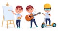 Student activities vector character set. Boy characters with painting, guitar and scooter in friendly expression for kids school.